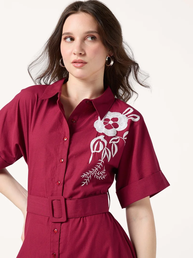 Outzidr  Wine Shirt Dress With Print And Belt Detail for Women | Best Price UAE